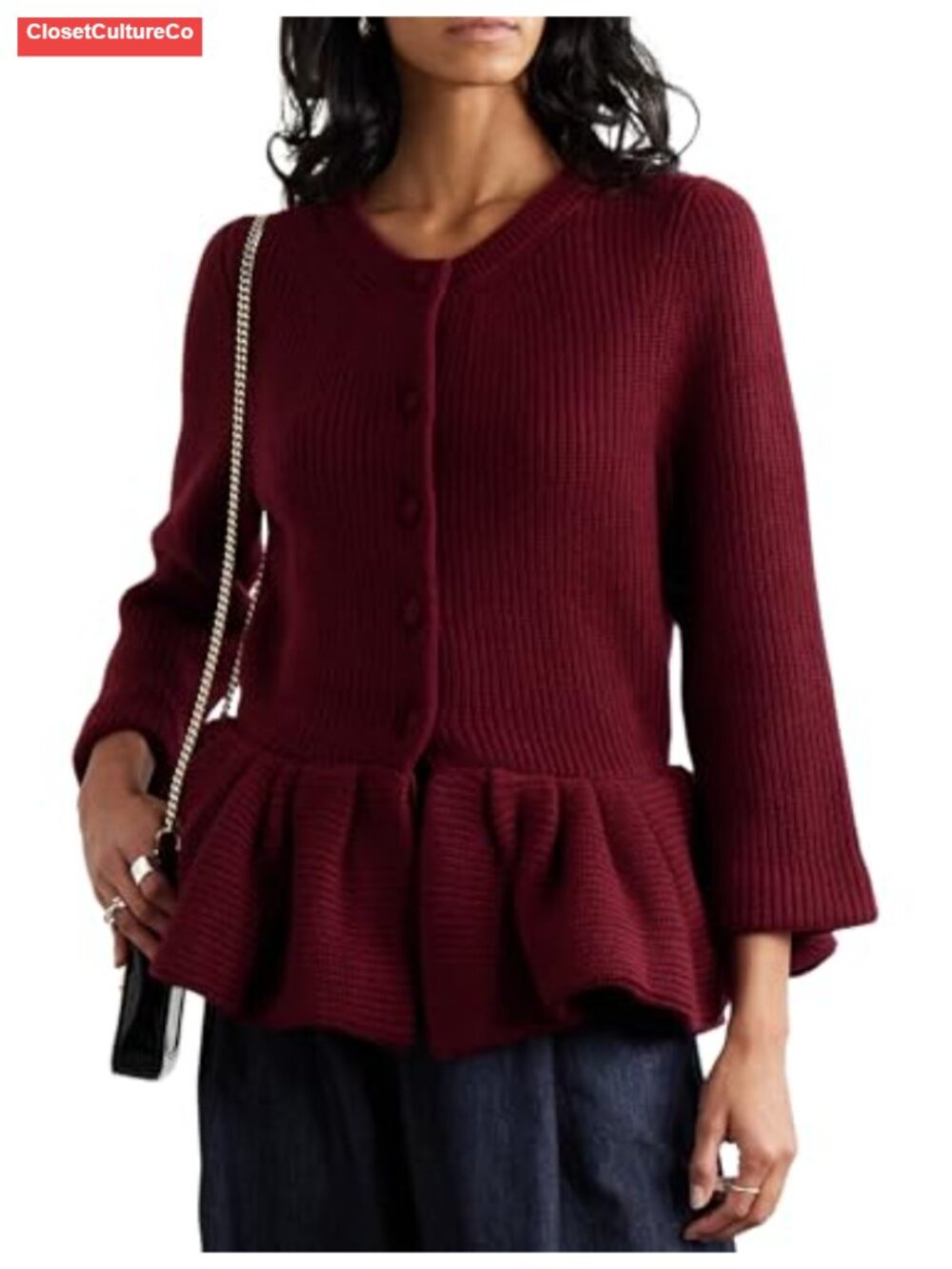 Ribbed Knit Peplum Cardigan Button Down Flared Hem Sweater Top